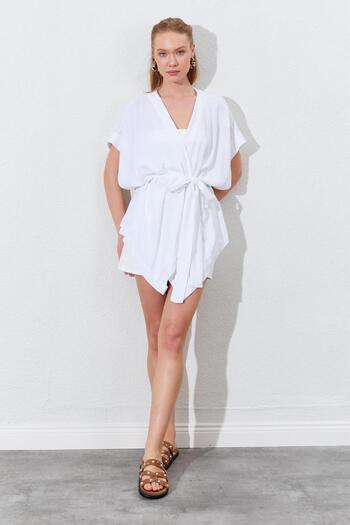 TENA Women's White Low Sleeve Belted Kimono