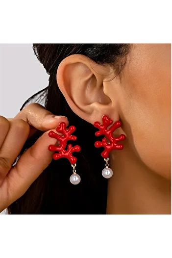 mos&more Red Coral Gold Pearl Lightweight Women's Earrings