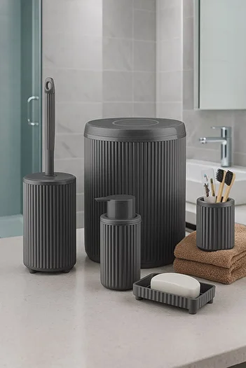 Sas Haus Set de baie gri din seria Lines, 5 bucăți de gunoi acrilic de lux, perie, set de accesorii pentru baie pentru săpun
