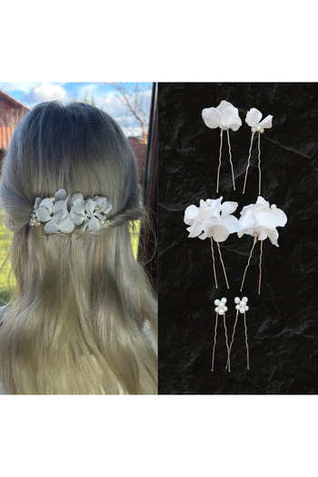 Eva Flore Silver - White Hydrangea Pearl Flower Bridal Hair Accessory Wedding Hair Comb Buckle Bun Barrette