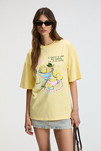 GRIMELANGE NITZA Kadın %100 Pamuk Oversize Bisiklet Yaka Sarı T-Shirt