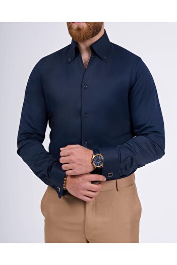 TerziAdemAltun Італійський стиль slim fit прямий комір подвійний манжет чоловіча сорочка темно-синя T13307
