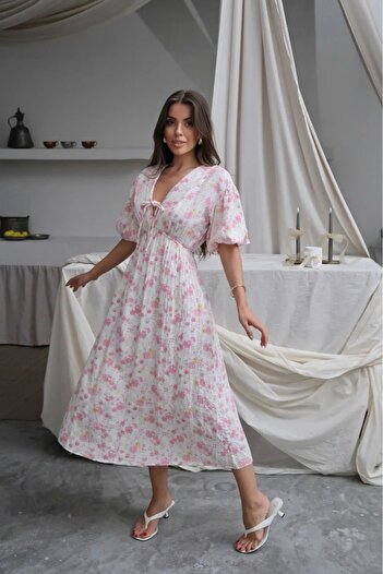 Lusin Women's Pink Floral Patterned Lined Summer Muslin Dress