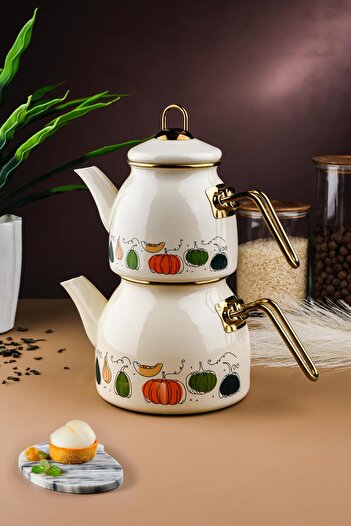 PAZARAKOŞ Krem Gold Çaydanlık Takımı Kabak Desenli 3 Lt