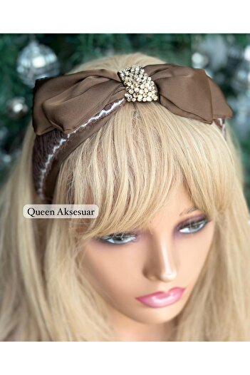 QUEEN AKSESUAR Luxury Design Matte Satin Tiered Bow with Crystal Stone Brooch Gathered Crown Women's Tiara Dark Brown