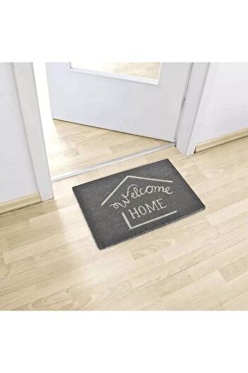 Generic سجادة باب EVIDECO غير قابلة للانزلاق بتصميم جذاب مطبوع عليها عبارة Welcome Home باللون الرمادي مقاس 40 × 60 سم 1401193