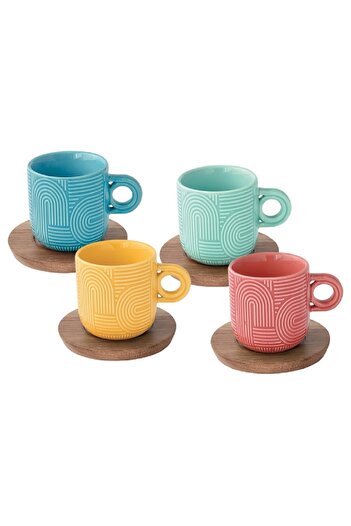 EasyLife 4-Piece Take a Loop Dishwasher Safe Cup and Saucer Set Multicolor