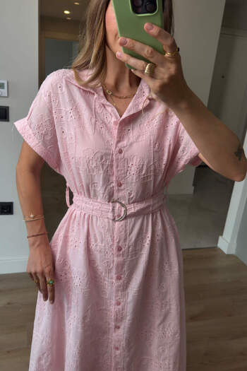 Sue Store Powder Pink Lined Belted Fisto Shirt Dress