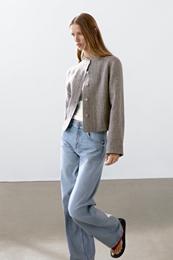 Massimo Dutti Hakim yaka kısa keten ceket