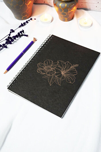 markcat A5 Flower Themed Black Kraft Cover Notebook - Unlined Notebook - 60 Sheets (120 Pages) 15X21 cm