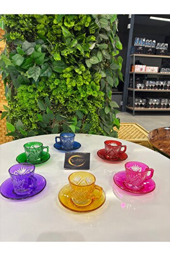 ARS HOME DEKOR Cutting Multi-Colored Special Design Coffee Cup Set for 6 People, Glass Cutting Model Multi-Colored Cup Set