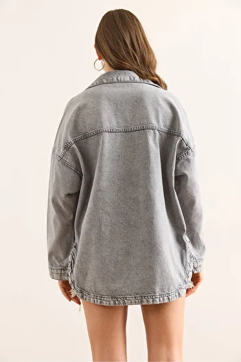 Olalook Women's Gray Bow Embroidered Pocket Button Shirt Jacket Ckt-19000450