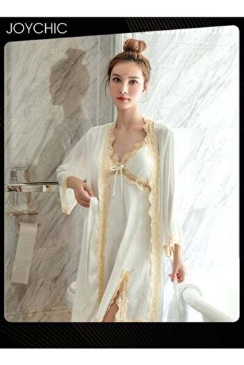 HALAMODO 2-piece Ice Silk Mid-length Nightgown for Women Spring and Summer Autumn Lace V-neck Pajamas