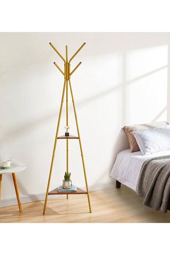 fulina Modern 3-Pronged Metal Hanger With 2 Storage Shelves, 50x40x180cm, Coat Racks For Hanging, Glod