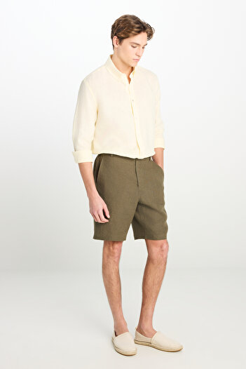 Lee 100% Linen Regular Fit Normal Cut Khaki Shorts with Elastic Waist Detail