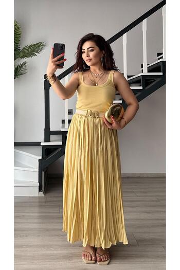 Oslove Yellow Dense Pleated Skirt
