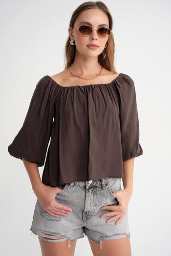 Mixray 4706 Women's Backless Balloon Sleeve Strapless Blouse Brown