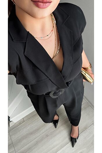 Oslove Black Double Breasted Belted Jumpsuit