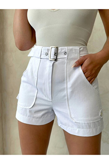 Zerenyus Belt Detailed Gabardine Shorts White