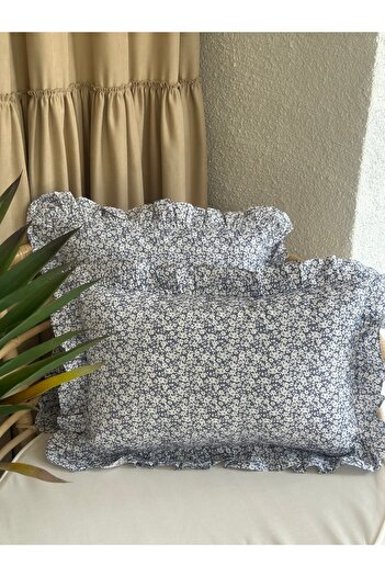 Decamor home Față de pernă din țesătură de bumbac, albastru lavandă, mini cu volane florale