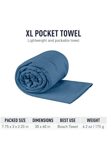 Sea to Summit Pocket Towel for Camping, Gym, and Travel, XL Size (30 × 60 Inch), Moonlight Blue, Po