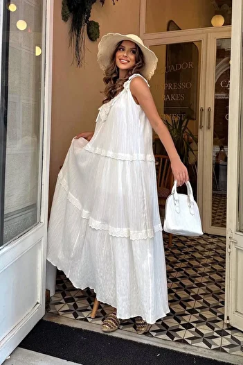 Nana & Mayka Moda Women's Seersucker Summer Dress – Ecru, Lace Strap, Scalloped, Lined, Loose Fit