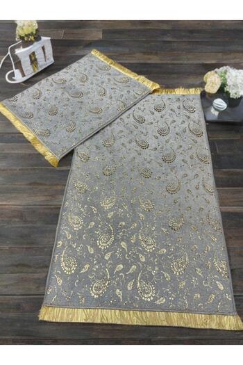 DECORA CASA HOME COLLECTİON Foil Tasseled Fringed Bathroom Mat Set Non-Slip Base Double Toilet Set