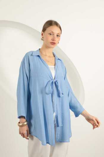 LE CARAMBOLE Women's Blue Tie Detail Shirt Collar Summer Kimono Cardigan