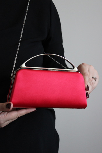 mossi Red Satin Faux Leather Evening Dress Bag Suitable for Hand and Chain Use