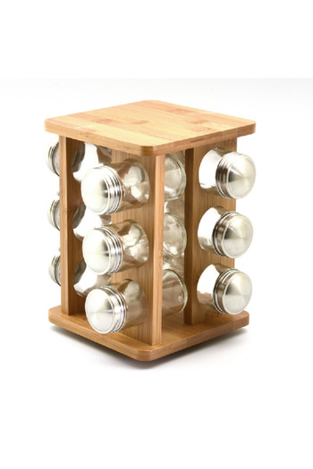 Bien Servi 12-Piece Bamboo Spice Jar Set with Rotating Stand Clear and Brown