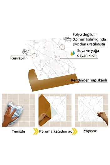 UKAB Kendinden Yapışkanlı Mermer Desenli Pvc Karo Panel 60x120 Cm (0,72 m²) Banyo, Wc, Mutfak