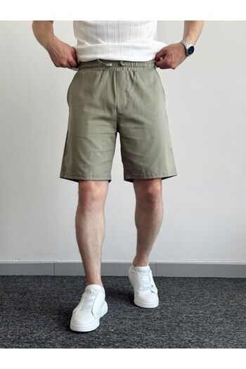 Oliggopol Men's Green Gabardine Fabric Shorts Premium Quality Elastic Waist Detail Capri