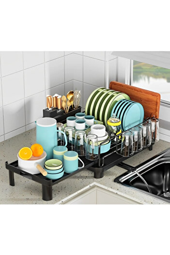 Herum Dish drainer with chopper holder, extendable, with water drainage slot, Black, 43-70 x 30 x 20.5 cm