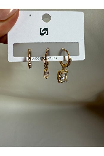 LUSORA ACCESORY Gold Colored Triple Stone Hoop Earring Set – Elegant Crystal Stone Detail