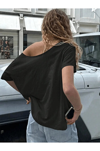 Koklonmoda Women's Off Shoulder Boat Neck Theory Printed T-Shirt