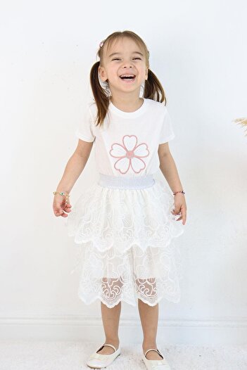 Çocuksan Baby&Kids Wear Girls' Special Occasion Set White Lace Layered Skirt and Floral Top Party Set