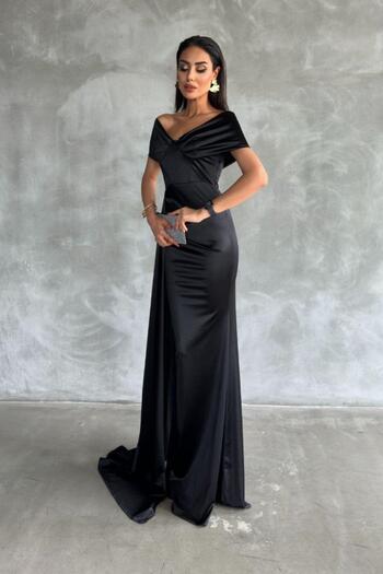 Mossta Off-The-Shoulder Draped Neckline Satin Evening Dress - Black