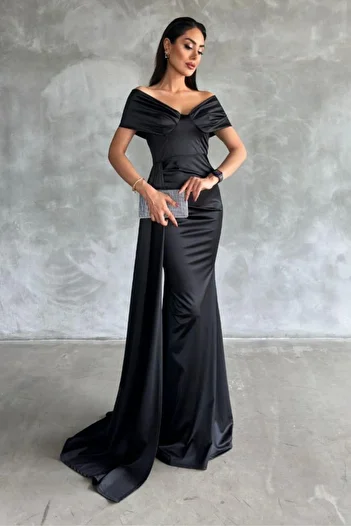 Mossta Off-The-Shoulder Draped Neckline Satin Evening Dress - Black