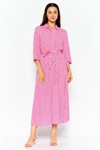 Tchibo Women Allover Print Belted Maxi Dress, Dark Pink