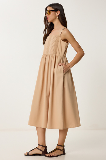 Lovelyİstanbul Rochie din poplin cu detaliu nervurat BEJ LRC0003