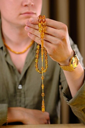 dergah tesbih Şükür Baba Series Silver Ring Detailed System Yellow Fire-I Amber Prayer Beads