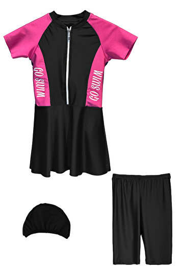 REMSA Uv Protection Skirted Leggings Short Sleeve Girl's Swimsuit Mira 1511 Black Fuchsia
