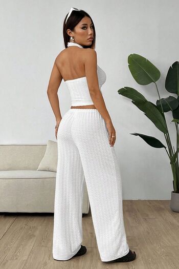 MODAGEN White Knitted Wrap Sleeveless Backless Waist Tight Blouse Pants Set