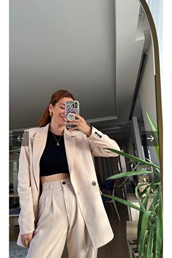 Petek Collection Krem Oversize Astarlı Ceket Pantolon Takım Elbise (100 CM PANTOLON BOYU)