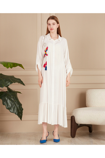 EL jadida Women's Embroidered Buttoned Plus Size Viscose Long Dress White