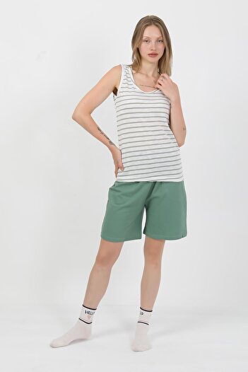 Akbeniz Women's Thick Strap Cotton Combed Shorts Set Green 3637