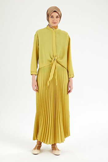 Armine TREND Armi̇ne Trend Pleated Skirt with Elastic Sleeves and Ribbon Detail at the Waist Double Suit-Asit 25Yt656