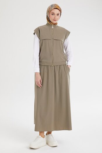 Armine TREND Armi̇ne Trend Zero Sleeve Vest and Skirt Double Suit-Khaki 25Yt613