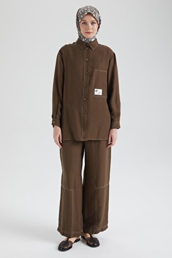 Armine Trend Shirt Collar Buttoned Pocketed Trouser Suit-Brown 25Yt689
