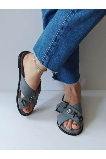 ERS Air Comfort Women's Denim Blue Suede Genuine Leather Crossed Scarf Seashell Buckle Flat Daily Stylish Slippers